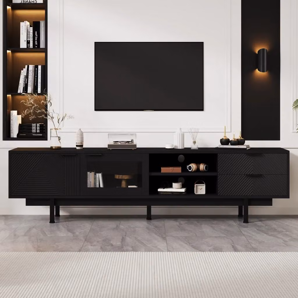 Mobile TV moderno FOLYNA nero con 2 ante, 2 cassetti e ripiani semiaperti per TV fino a 80 pollici, L 200 x P 40 x H 50.5 cm – 2