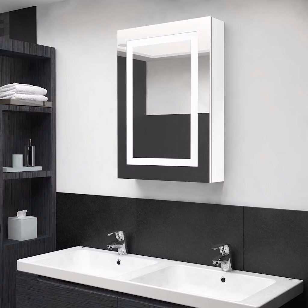 Armadietto da bagno con specchio e illuminazione LED vidaXL, Bianco lucido, L: 50 cm, P: 13 cm, H: 70 cm