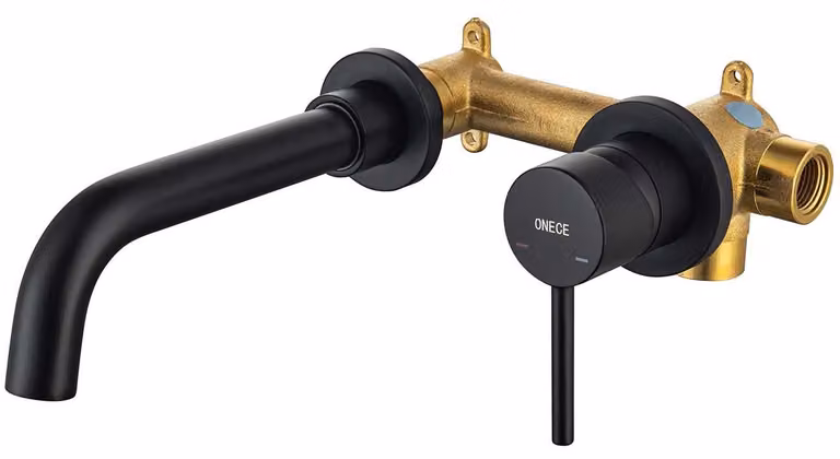 Miscelatore monocomando con supporto a parete in ottone nero, girevole a 360°