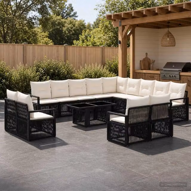 Set Divano da Giardino Moderno vidaXL in Polyrattan con Cuscini e Tavolino in Vetro, Nero e Bianco – 1