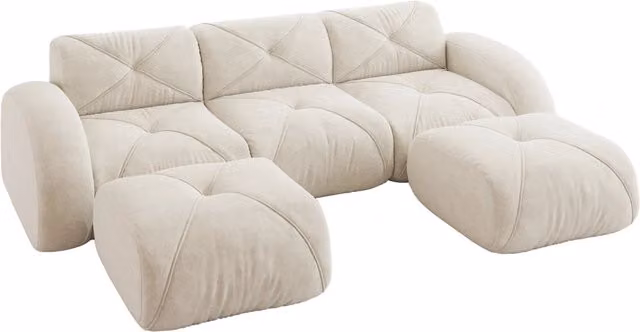 Divano modulare a 3 posti a forma di U in tessuto chenille beige chiaro con 2 pouf, senza telaio, perfetto per soggiorno