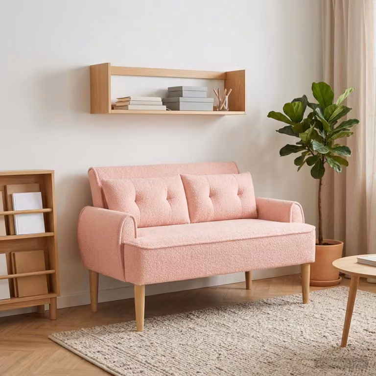 Loveseat vidaXL in tessuto bouclé rosa con bottoni imbottiti, L: 117 cm, P: 67 cm, H: 77 cm