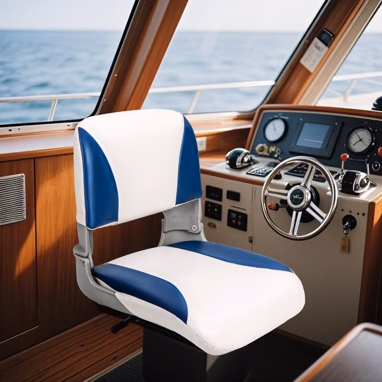 Sedia da barca pieghevole Costway con copertura impermeabile in PVC e imbottitura in ecopelle, modello capitano con schienale basso, Blu e Bianco