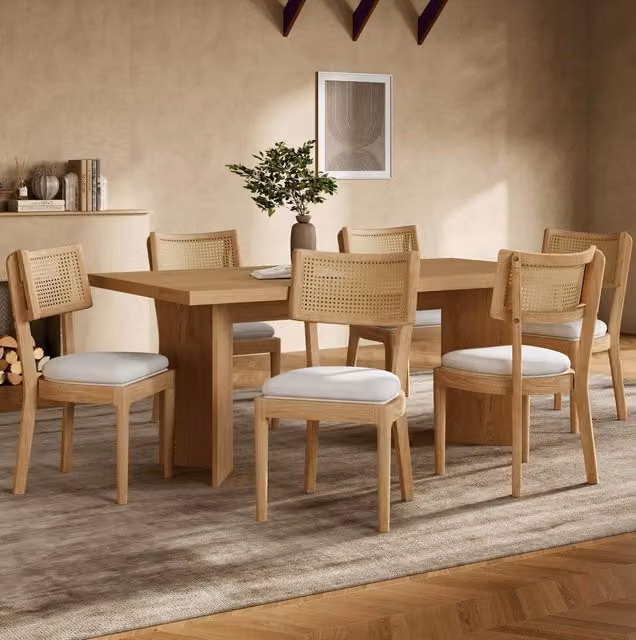 Set di 6 sedie da pranzo moderne in legno massello con schienale in rattan e seduta in lino