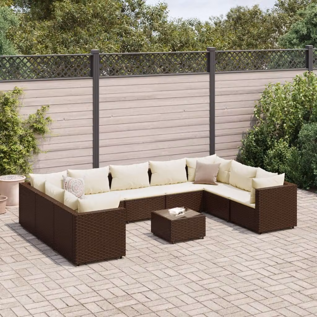 vidaXL Set Divani da Giardino 10 pz con Cuscini, Design Moderno a L, Colore Marrone e Bianco con Tavolino e Struttura in Metallo e Polyrattan – 1