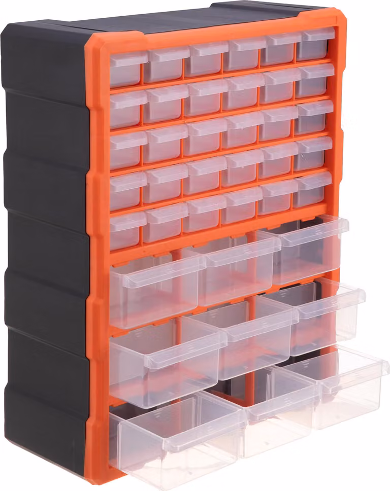 Relaxdays Cassettiera per piccoli oggetti, 39 cassetti, plastica, A x L x P: 47 x 38 x 16 cm, da appendere o da appoggiare, contenitore per organizzare, nero/arancione