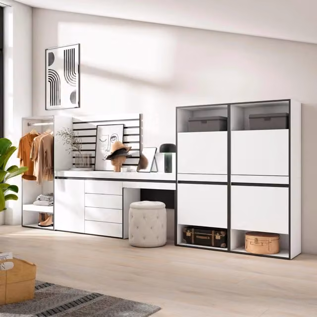 Armadio Aperto SKRAUT HOME Bianco con Cassetti e Ripiani per Camera da Letto o Ingresso L: 357 cm, P: 35 cm, H: 145 cm
