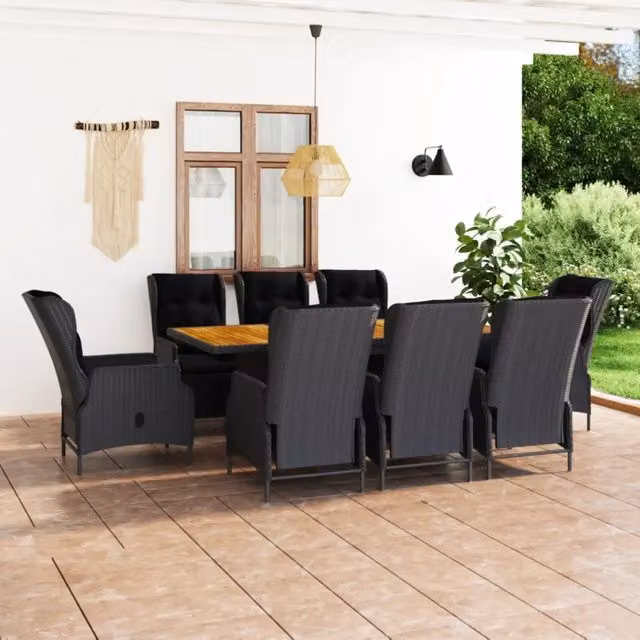 Set da pranzo da giardino vidaXL in polyrattan e legno di acacia con 9 pezzi, colore grigio e nero