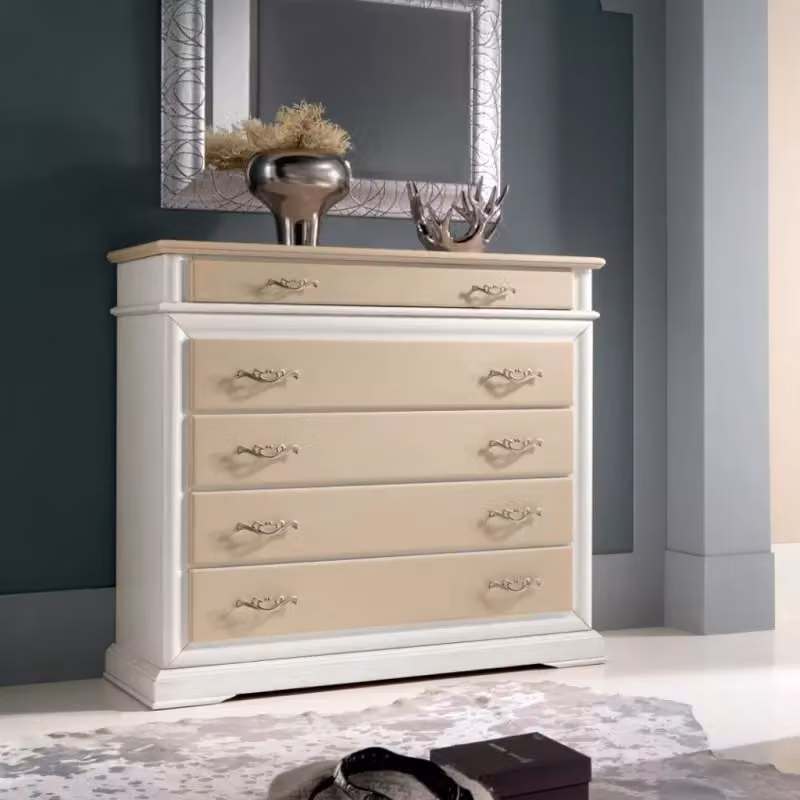Comò Mobili 2G con 5 cassetti laccato bicolore bianco e avorio L: 127 cm, P: 52 cm, H: 117 cm – 1