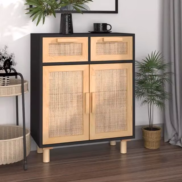 Credenza Buffet Design Mania in Legno di Pino e Rattan Naturale Nera L: 60 cm, P: 30 cm, H: 75 cm