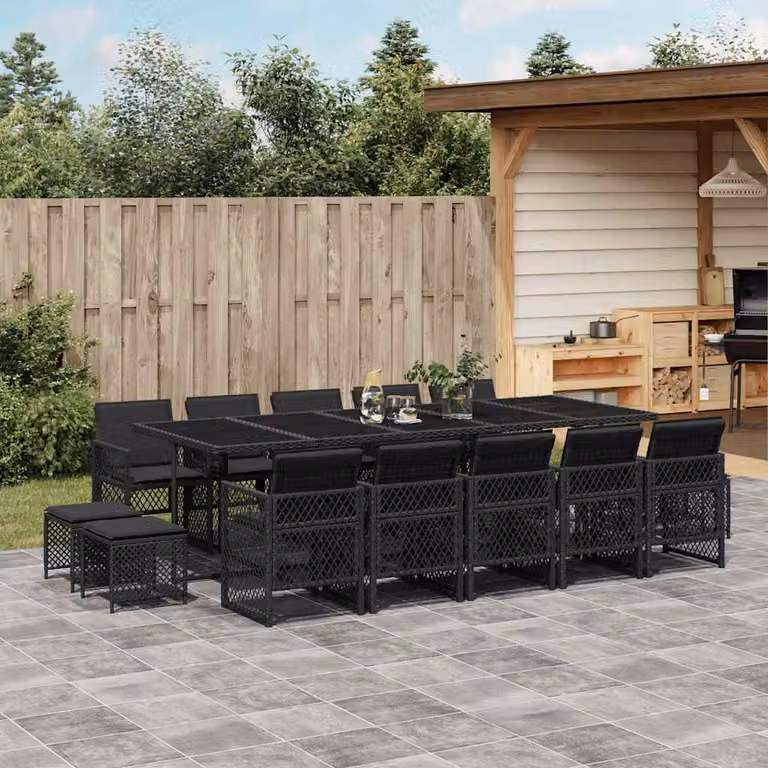 vidaXL Set da Pranzo da Giardino 15 pz in Polyrattan Nero con Cuscini e Tavolo in Vetro
