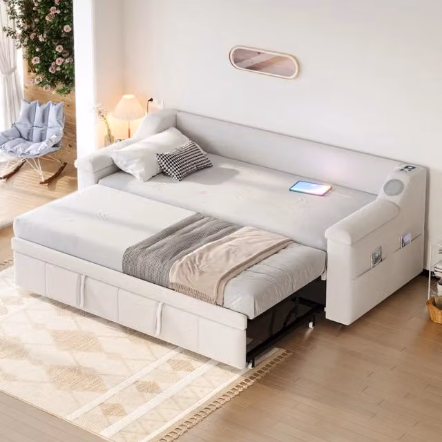 Divano letto 90/180x190; altoparlante Bluetooth; porta USB; archiviazione; velluto; beige