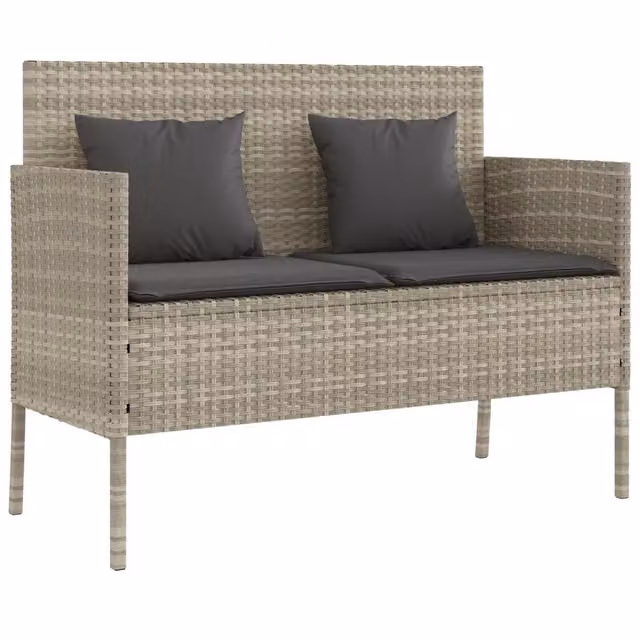 Panchina da giardino moderna in polyrattan grigio con cuscini inclusi