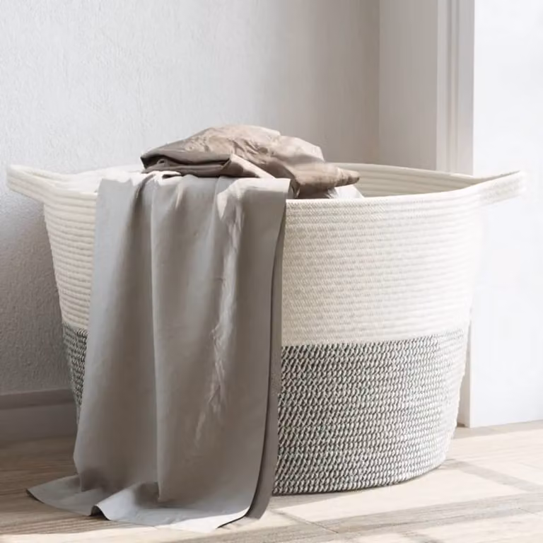 vidaXL Cesto per Biancheria Pieghevole in Cotone con Maniglie, Grigio e Bianco, Ø60 x H36 cm