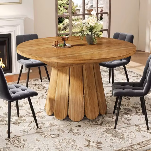 Tavolo allungabile da pranzo con piano rotondo in MDF e guide scorrevoli marrone per cucina e soggiorno