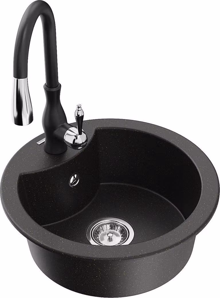 Mexen Diego lavello in granito a 1 vasca con miscelatore da cucina Savita, nero/oro metallico - 6512-75-672601-70