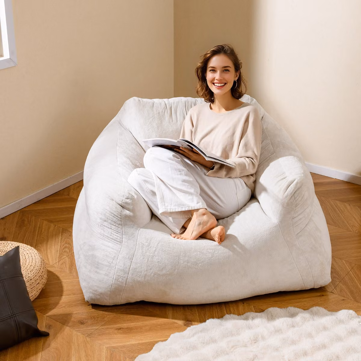 Divano pigro imbottito Costway in velluto morbido per soggiorno, colore beige