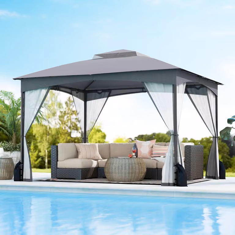Gazebo da patio Costway con tetto a doppia copertura e 4 sacchetti di sabbia, Grigio, L: 360 cm, P: 300 cm, H: 290 cm