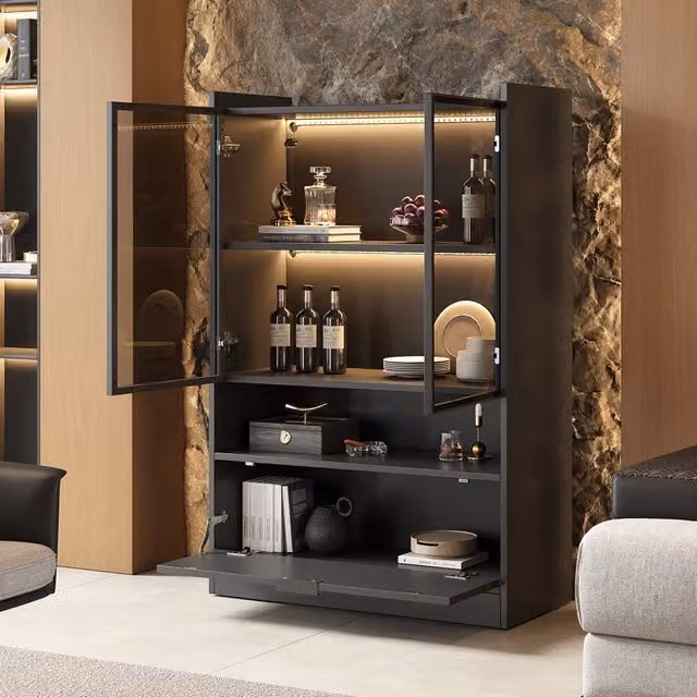 Vetrina moderna nera opaca h 120 cm, in truciolato con ante in vetro e anta a ribalta, illuminazione LED controllabile via app