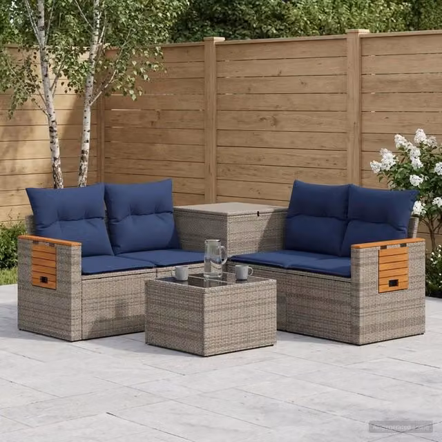 Set di divani da giardino vidaXL a forma di L composto da 6 pezzi in rattan sintetico e acciaio con cuscini inclusi, colori Grigio e Blu Navy