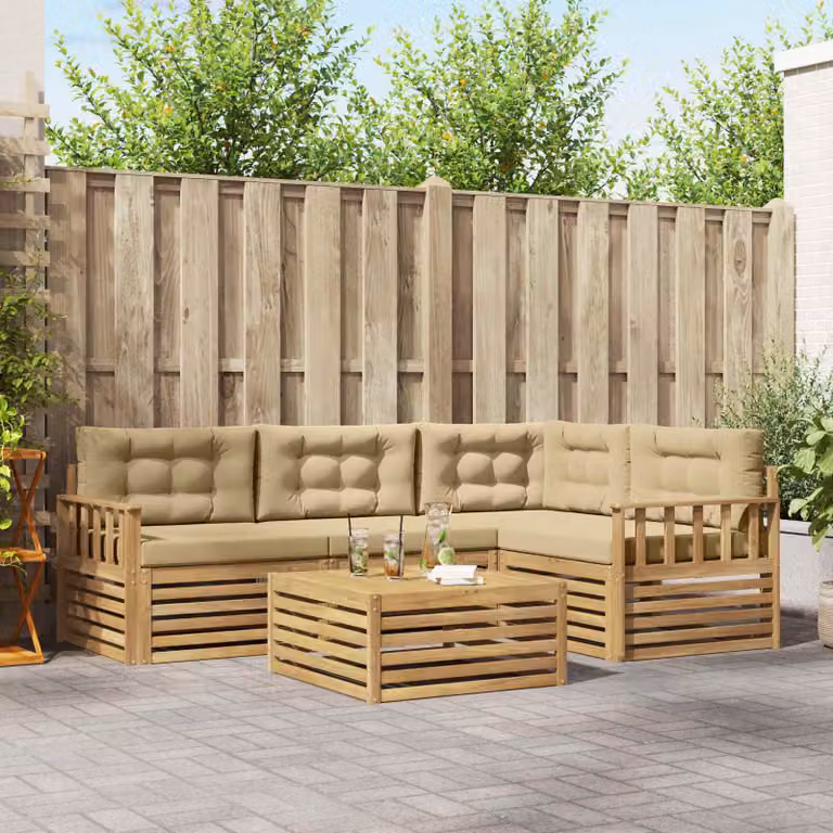 Set di divani da esterno vidaXL a forma di L composto da 6 pezzi con tavolino da caffè, in legno di acacia e tessuto beige e bianco resistente ai raggi UV