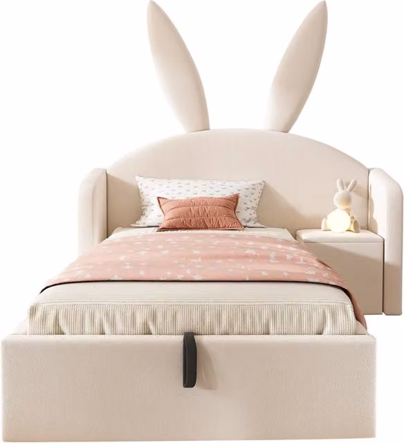 Letto bambino con testiera a orecchie di coniglio e contenitore idraulico in velluto beige L/P: 90 x 190 cm