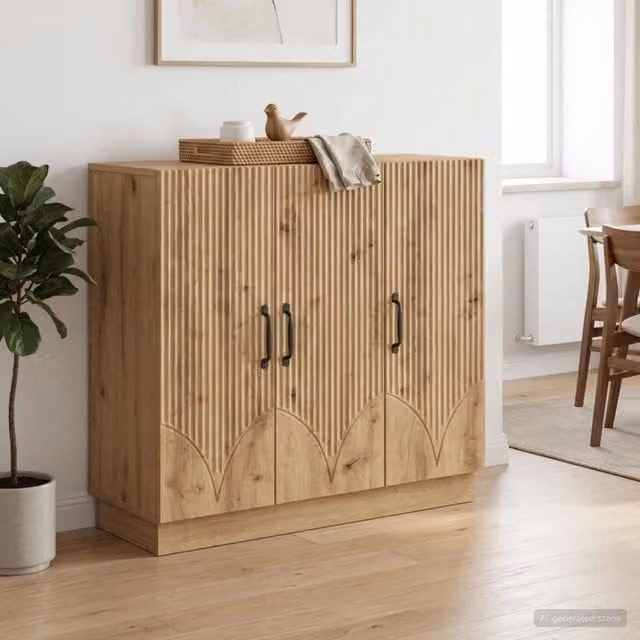Credenza moderna vidaXL in legno e metallo color rovere, L: 89 cm, P: 34,5 cm, H: 77 cm