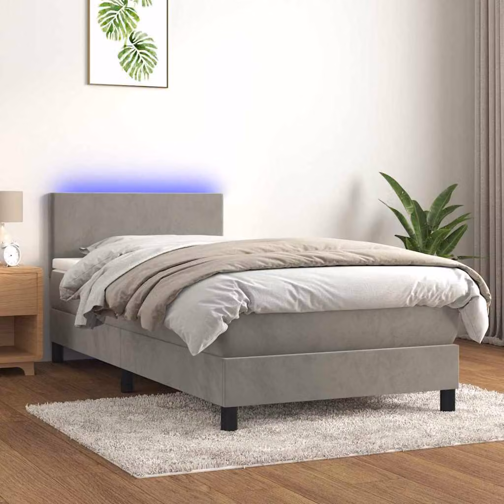 vidaXL Letto Ibrido con Materasso e Illuminazione LED in Velluto Grigio Chiaro L: 200 cm, P: 80 cm – 1