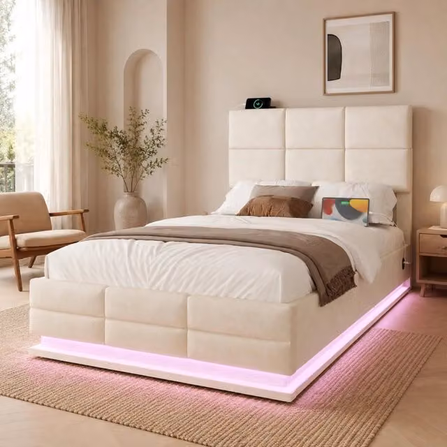 Letto matrimoniale 90x200 cm in velluto beige con LED; USB e contenitore