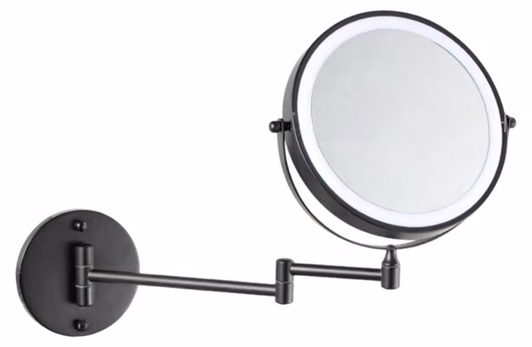 Specchio da trucco a LED ZELURXX da 8 pollici, da parete, a doppia faccia, ingrandimento 5X, orientabile a 360°, 3 tonalità di luce, nero