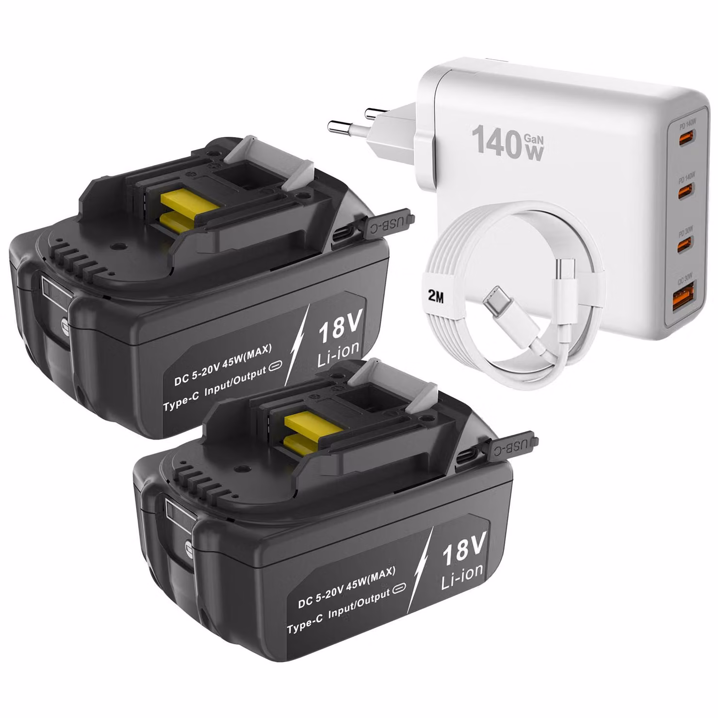 2 batterie con connettore USB-C PD, funzione di ricarica, compatibili con Makita 18V 6Ah BL1840 BL1850 BL1860 BL1815 LXT400, con caricabatterie rapido USB-C/USB-A da 140W e adattatore