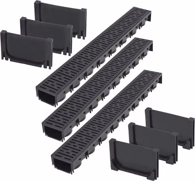 Set di tre canaline di drenaggio in plastica nera da 3 m