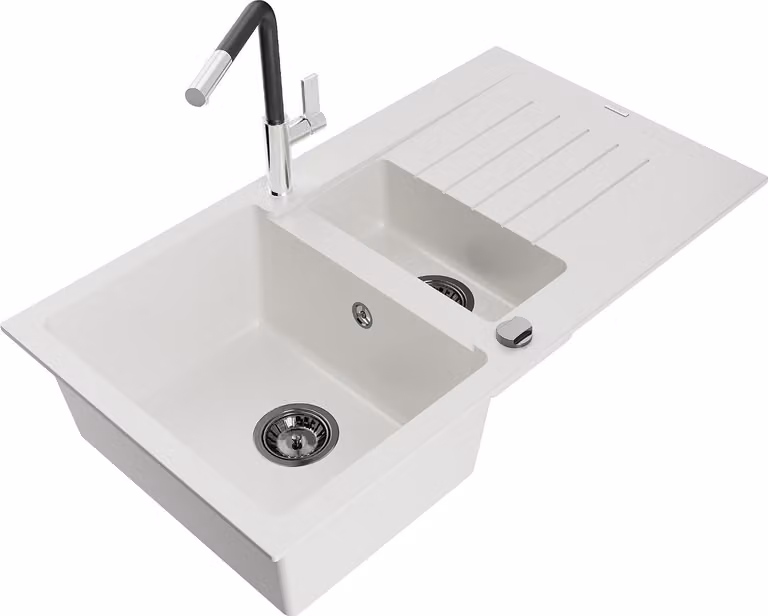 Mexen Matias lavello in granito 1,5 vasche con scolapiatti e miscelatore da cucina Flora, bianco - 6502-20-670401-07-B