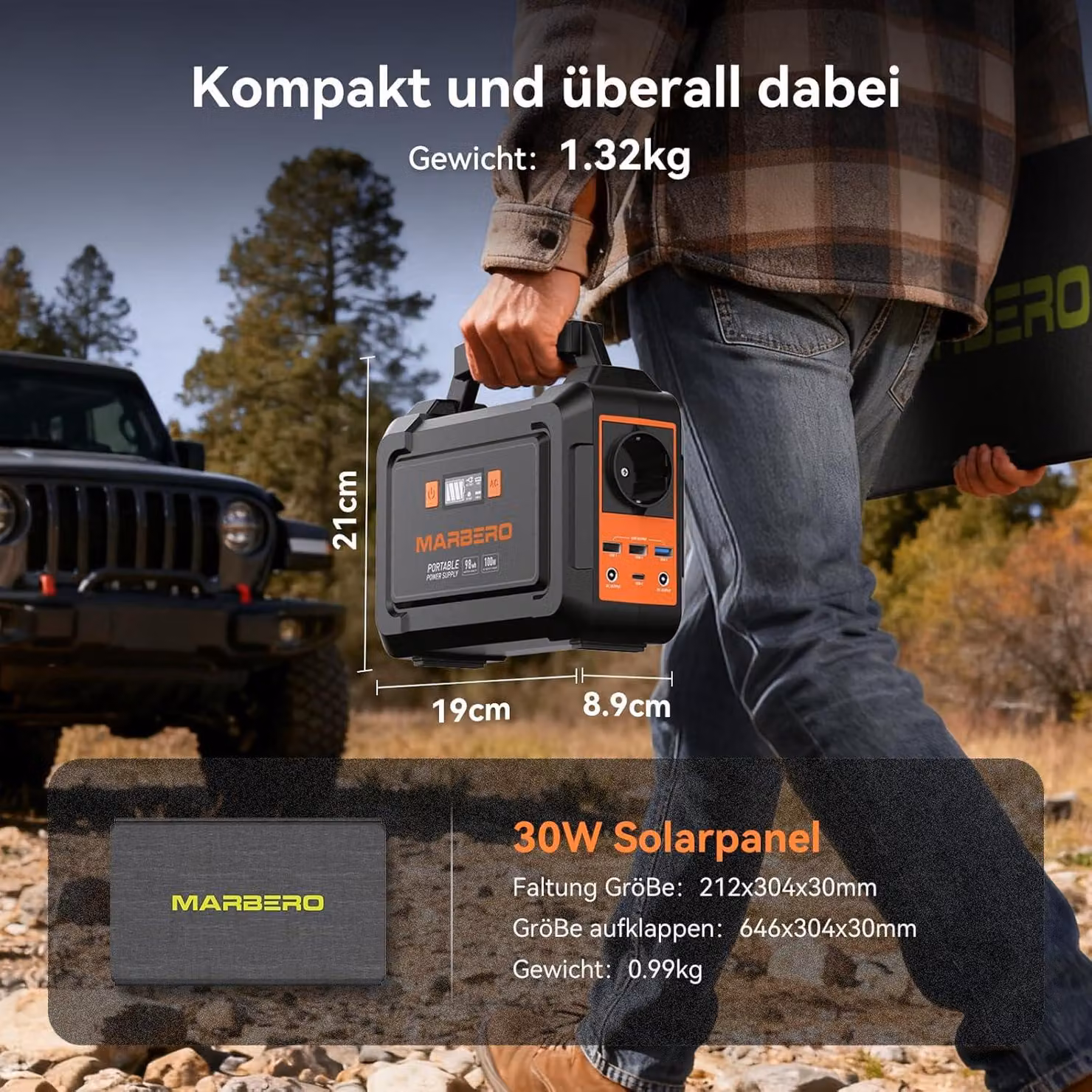 Centralina portatile da 98Wh con pannello solare pieghevole da 30W, generatore solare da 150W, batteria esterna per attività all'aperto con uscite DC, ideale per camper, viaggi on the road e avventure