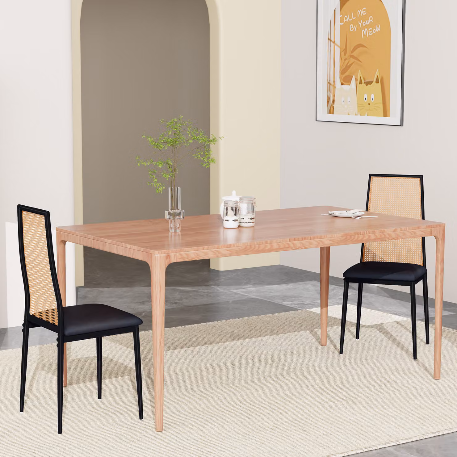 UnboxG Set di 2 sedie da pranzo moderne con schienale in vimini naturale, sedie da cucina in rattan imbottite, 97,5x44x43 cm