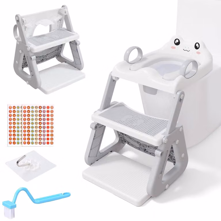 Riduttore per wc per bambini, 3 in 1, antiscivolo, pieghevole, con cuscino in PVC, per bambini piccoli, colore grigio