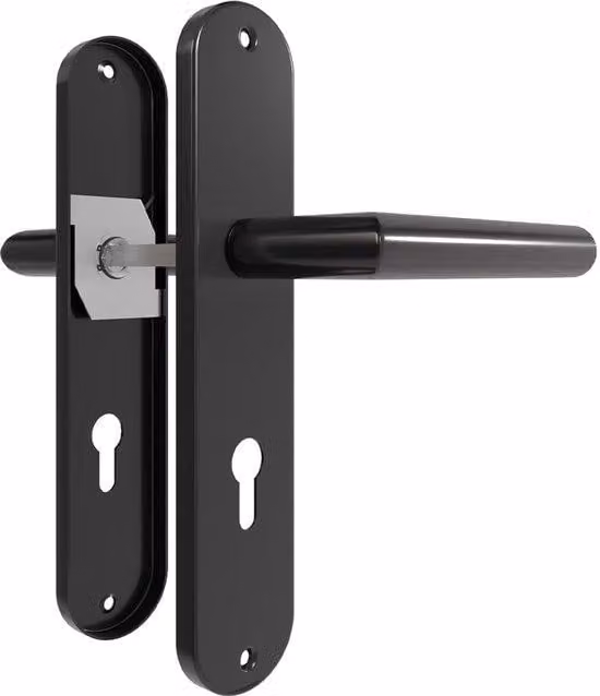 Set di maniglie per porte interne Ibbenzoa® – confezione da 2 con placca lunga, finitura nera opaca, acciaio inossidabile, dimensioni 240 x 50 mm, maniglia 135 mm, diametro 19 mm, distanza tra fori 72 mm, inclusa serratura e kit di montaggio