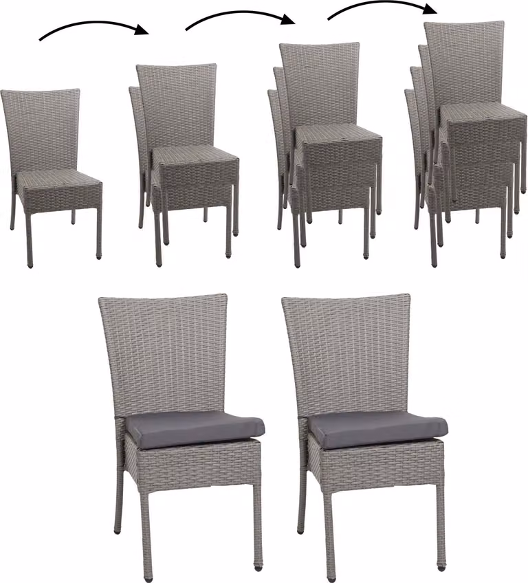 set di 2 sedie in poly rattan HWC-G19, sedia da balcone e da giardino, impilabili ~ grigio, cuscini grigio scuro