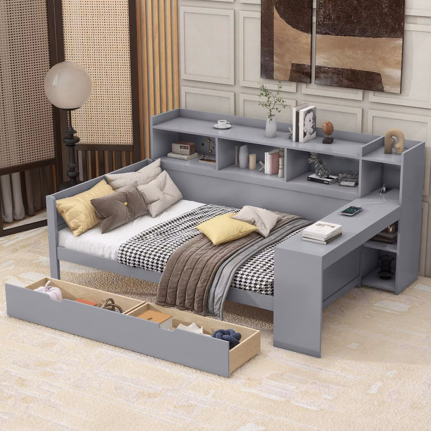 Letto imbottito 90x200 cm con spazio contenitore, illuminazione LED e porta USB di tipo C, struttura del letto con rete a doghe, rivestimento in lino beige, ideale per la camera da letto