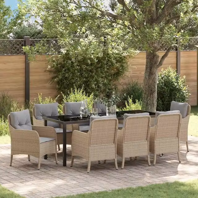 Set da pranzo per giardino e terrazzo vidaXL in polyrattan beige con tavolo in vetro e 9 pezzi – 1