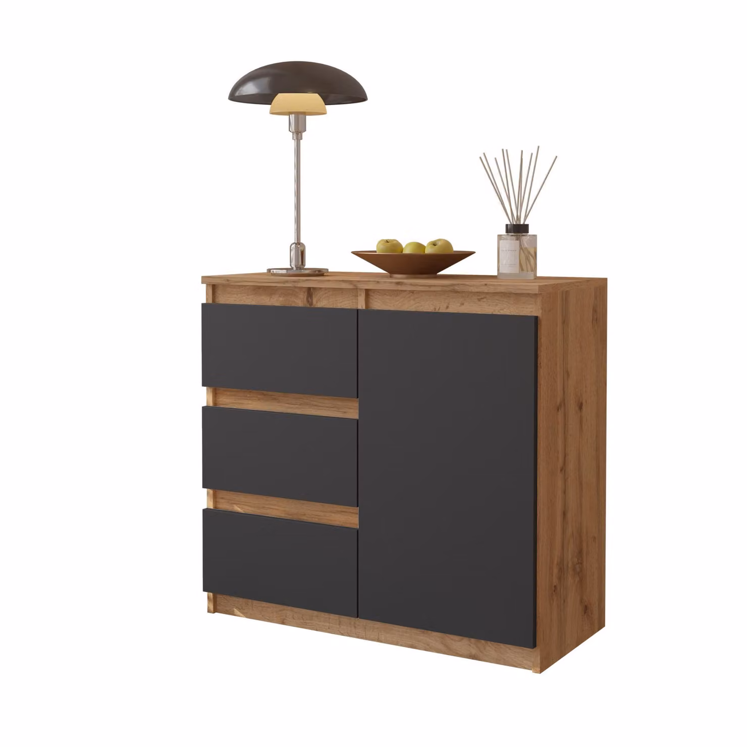 Cassettiera 80 Cm Rovere Wotan / Antracite, 3 Cassetti, 1 Anta, 1 Ripiano, Soggiorno