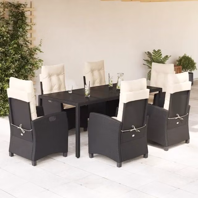 Set da Pranzo da Giardino 7 pz Nero con Cuscini in Polyrattan 3212632