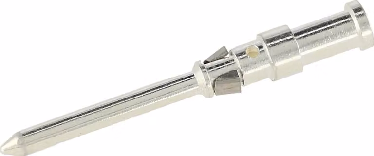 Connettore a crimpare HARTING D, contatto a spillo (maschio), sezione 1 mm², AWG18, argento, 1 pezzo. Materiale: lega di rame. Quantità: 1 pezzo