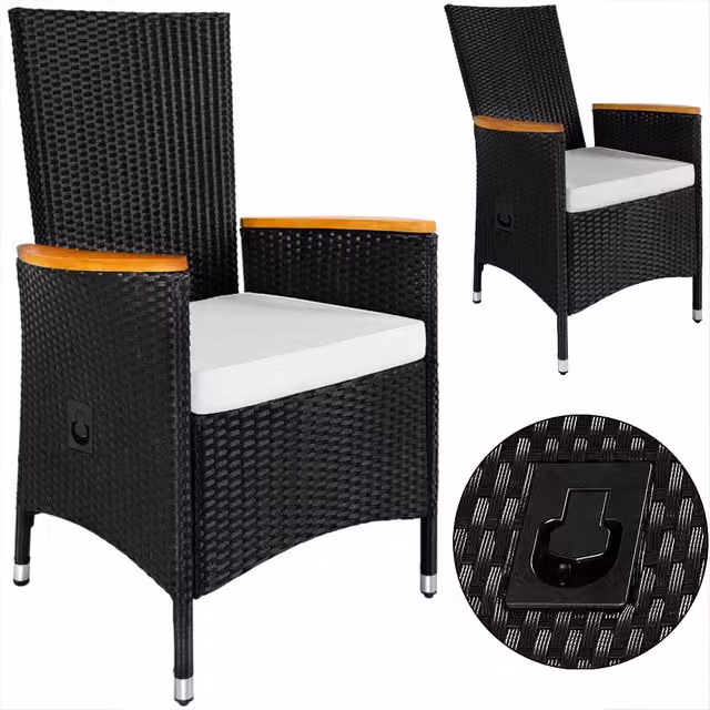 Set di 2 sedie da giardino Casaria in polyrattan e legno di acacia nere con braccioli e cuscini inclusi – 1