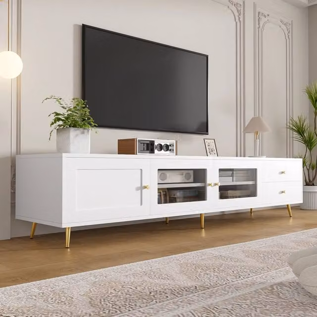 Mobile TV Moderno Bianco 170x40x43 cm, 2 Cassetti, 2 Ante Vetro, 1 Anta Armadio, Ripiani Regolabili, Maniglie Metallo