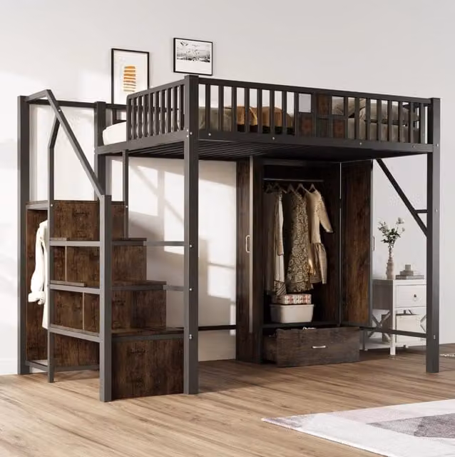 Letto a soppalco in metallo 140x200 cm con design unico di ringhiera in legno e rete metallica, con grande armadio, cassetti e scala contenitore, nero