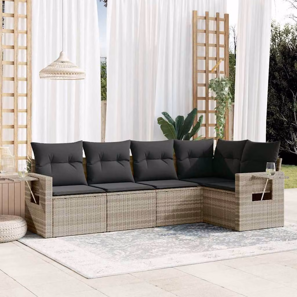 vidaXL Set Divano da Giardino 5pz a Forma di L in Polyrattan Grigio con Cuscini e Tavolino – 1