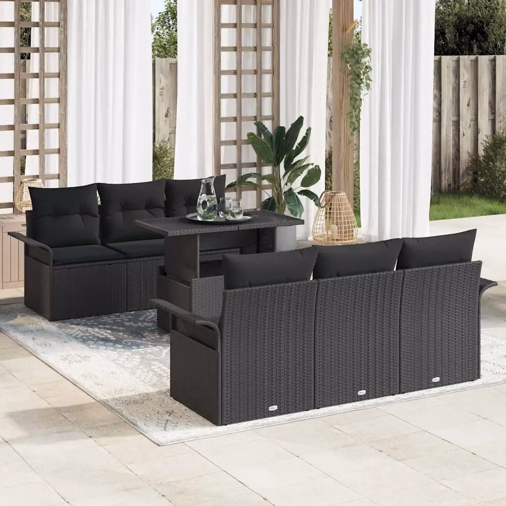 Set da giardino vidaXL in polyrattan nero composto da 7 pezzi con cuscini e tavolino da esterno – 1
