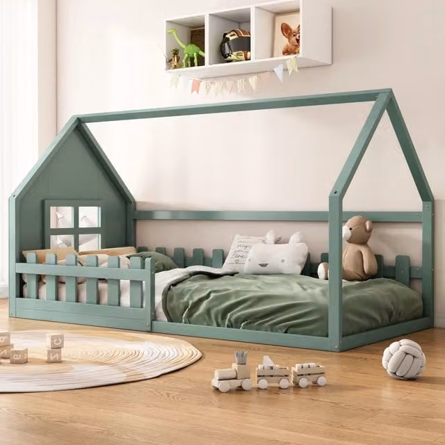 Letto casetta per bambini 90x200 cm in pino e MDF; verde per cameretta