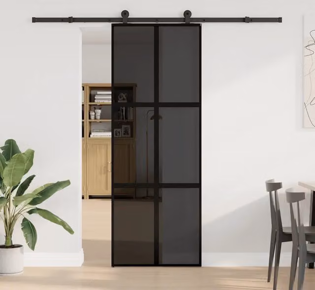Porta Scorrevole Moderna vidaXL in Alluminio e Vetro Trasparente Nero L: 76 cm, H: 205 cm